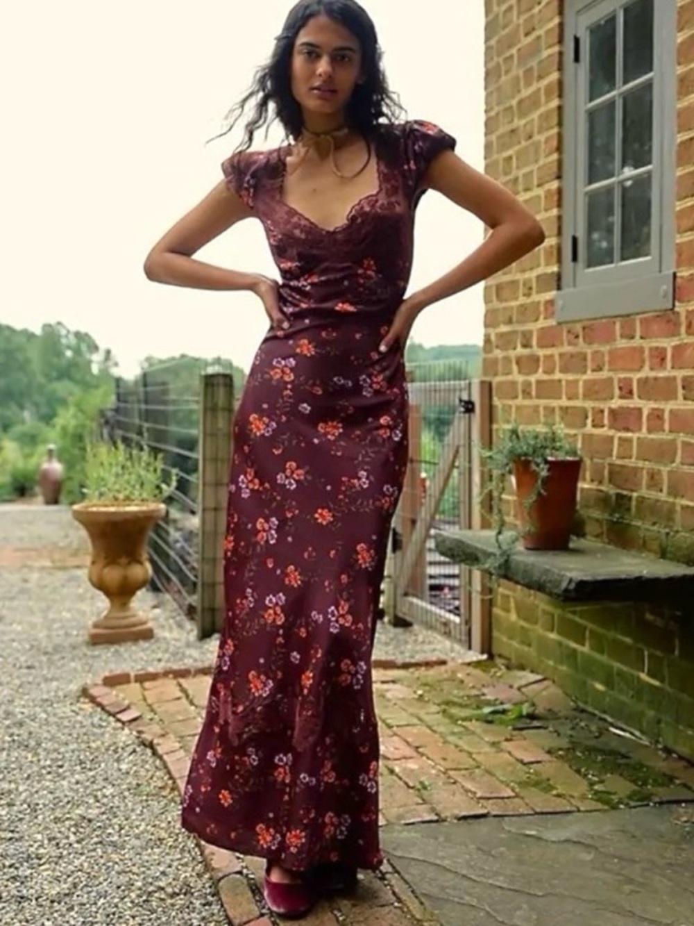 Free People Dainty Lace Retro 90s Butterfly Babe Maxi Dress in Brown Combo Large